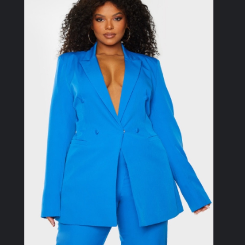Plus Blue Double Breasted Woven Blazer